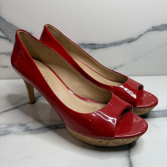 Via Spiga Shoes - Via Spiga Women's Red Patent Leather Cork Platform Peeptoe Heels Sz 9.5 FLAW